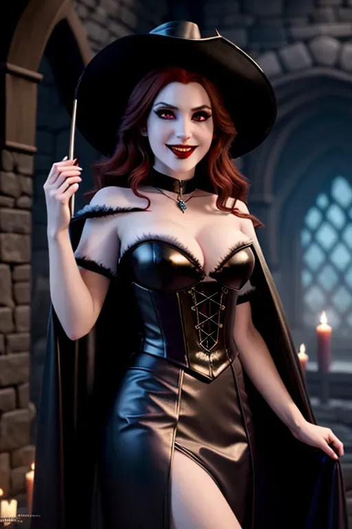 vampire Anna of Arendelle,beckoning, in coffin, vampire fangs, vampire cape, whip, evil smile, moderate breasts, head to toe, five fingers per hand,sweet face, beautiful lips,curved eyebrows,vampire bite on neck, leather, auburn hair, medium long hair, theateric dramatic club lighting,ultra realistic,pixiv,unreal engine,bokeh
