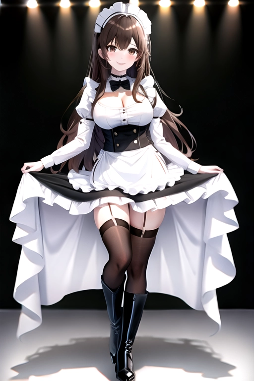 8k quality, brown eyes, pale white skin, brown hair, giant breasts, cleavage, looking at viewer, pov, long hair, wavy hair, full body photo, standing in room, smiling, black maid uniform, miniskirt, high heels, black knee high boots, black choker