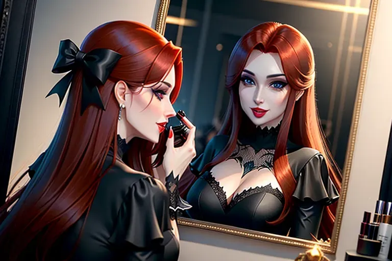 two figures.
low angle shot,
medium shot, looking at a sexy black dress on the rack in a modern dark spooky goth boutique. Anna seated in front of a makeup mirror getting a gothic makeup makeover from a dark haired beautician.
innocent sweet, excited, Anna of Arendelle 37 years old, Nordic, dressed in green dress attire, large natural round blue eyes, long auburn hair, sweet face, warm smile, beautiful lips parted to reveal long sharp vampire fangs, soft curved eyebrows, smaller modest breasts, no glasses, no sunglasses.
five fingers per hand, ultra realistic, pixiv, unreal engine, bokeh, reduced saturation, adult