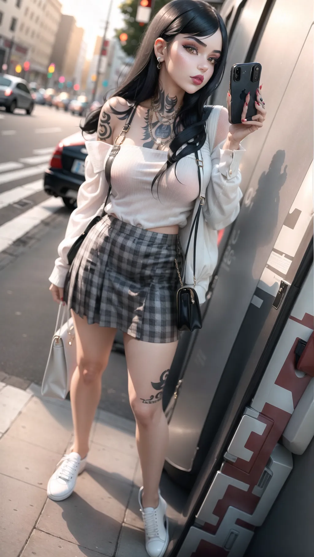 Girl with black hair holding an iphone wearing a tube top and a checkered skirt, white vans, tattooed, big lips, makeup, Gucci purse
