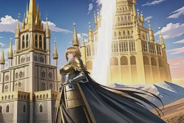 Concept art of a golden castle with female knights wearing golden medieval armor, daytime, mountain,