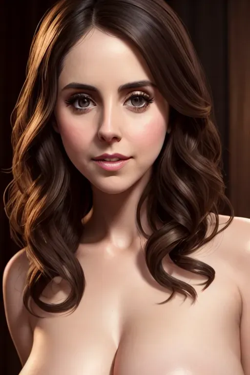 a photo of, Alison Brie, naked, ((accurate face)), big nose, small eyes, curved eyelid, big breasts, textured skin, mediun lighting, (((realistic))) ,professional