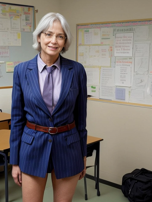 a naked mature middle aged woman teacher, small saggy breasts, is naked at her classroom and is sexually aroused as she is naked wearing only a belt and a tiny necktie. She poses in her classroom naked beside a lady school administrator that is wearing a business suit.