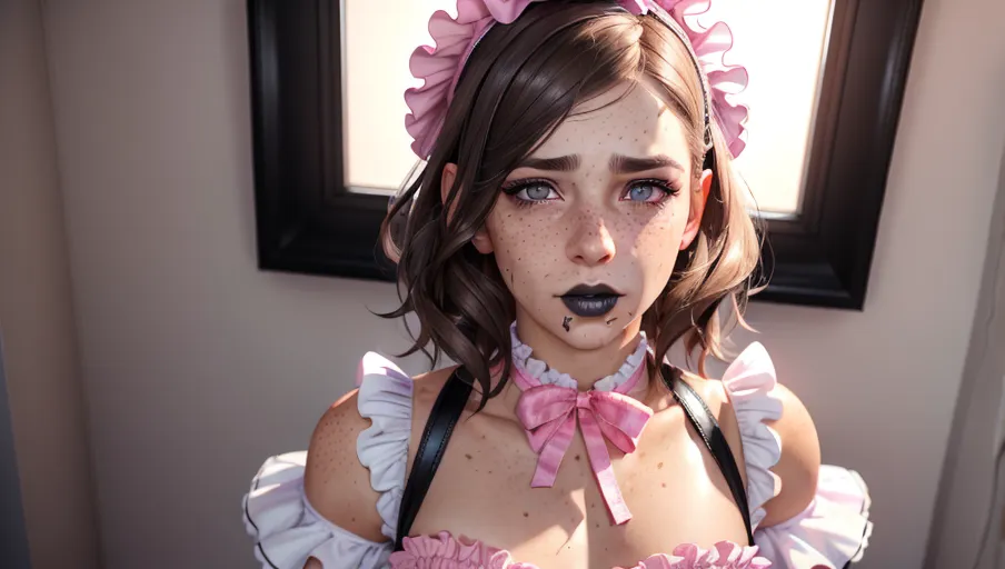 photorealistic, 8k, accurate face, (((detailed face))), (((replicate inspiration face))), freckles, black lipstick, grey eyes, brown hair, (((male body))), female face, sissy, humiliated, pink frilly outfit,