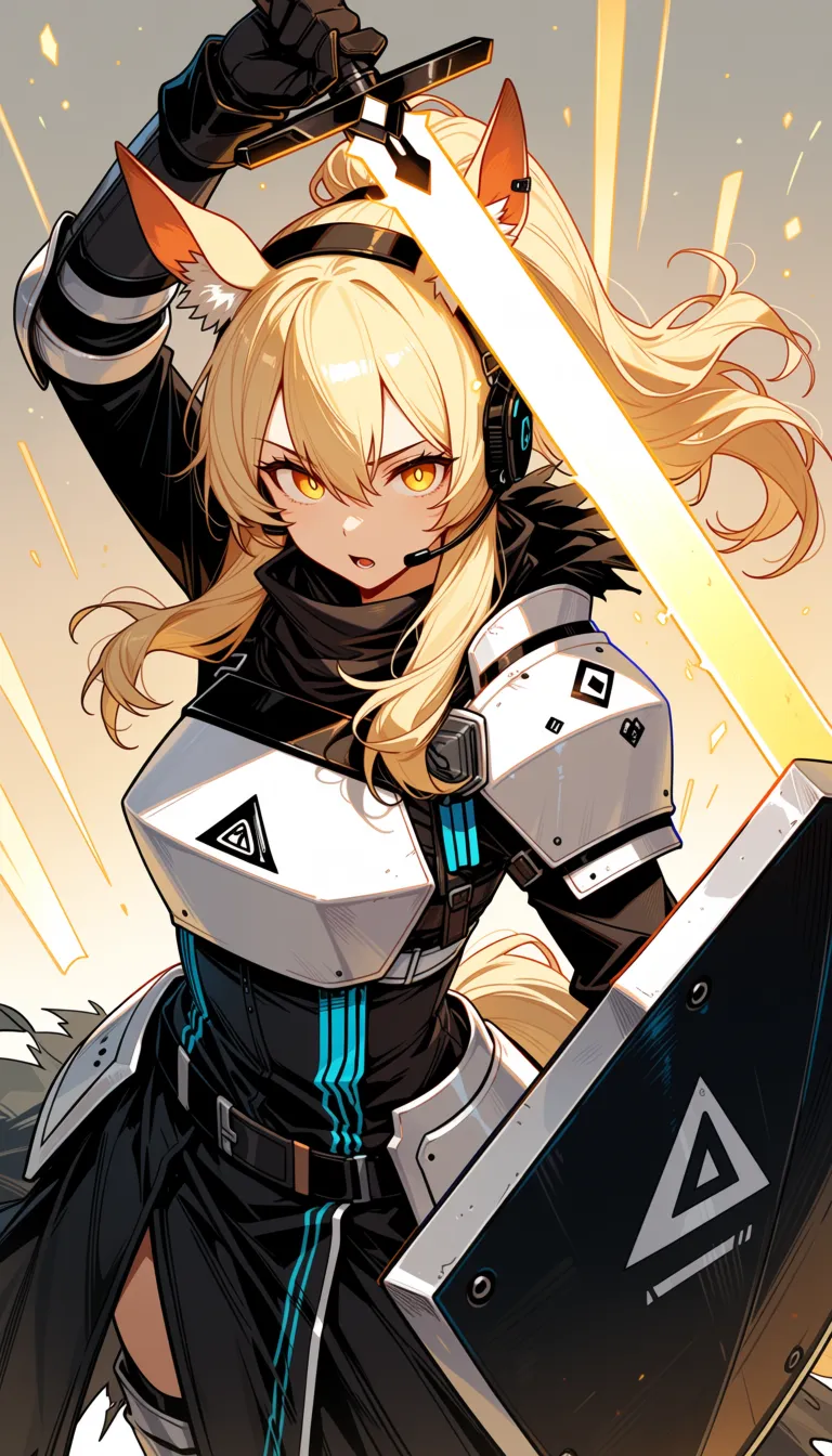 masterpiece, best quality,score_7,
nearl \(arknights\), 1girl, solo, long hair, looking at viewer, open mouth, skirt, blonde hair, dress, animal ears, hair between eyes, yellow eyes, ponytail, weapon, sidelocks, black gloves, sword, black skirt, holding weapon, black dress, armor, arm up, animal ear fluff, glowing, horse ears, horse girl, shoulder armor, headset, pauldrons, shield, breastplate, armored dress, implied extra ears, abstract background,