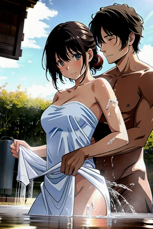 naked woman being washed by a man with a ((soapy washcloth)), lather, anime, touching