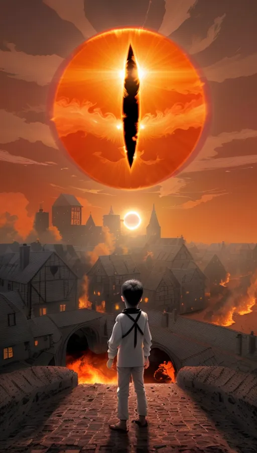 ((the sun in the sky has a thin black oval inside it)),
(The village beneath is on fire),
(A boy wearing white stares up at the eye in the sky),
