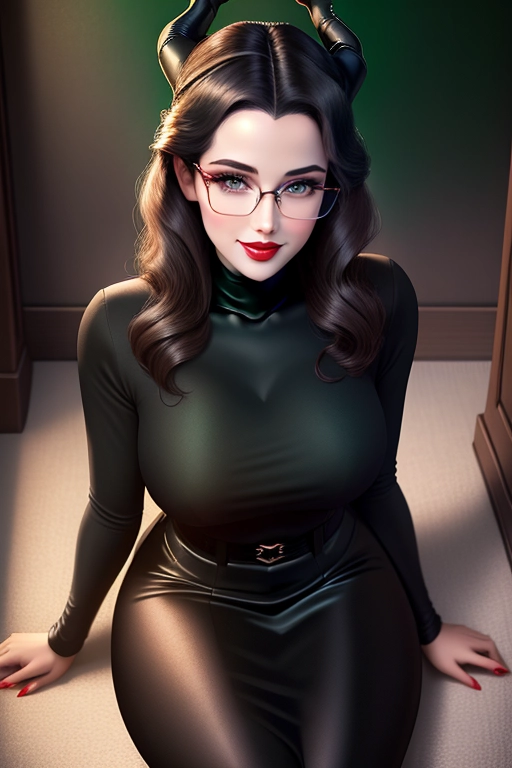 Maleficent as a tutor teaching, face of angelina joline, dark raven hair, dark green eyes, strong cheeks, full lips, happy smile, curvy, perky breasts, thin waist, public hair, pussy, aroused, high definition, excellent lighting, 4k quality, looking horny, dominant, sassy, flirty, bedroom setting, regal allure, glasses, red lipstick, wearing a teacher sweater, sitting on the floor