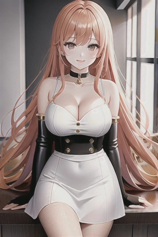 8k quality, brown eyes, pale white skin, orange hair, giant breasts, cleavage, looking at viewer, pov, long hair, wavy hair, full body photo, standing in room, smiling, blue minidress, high heels, knee high boots, choker