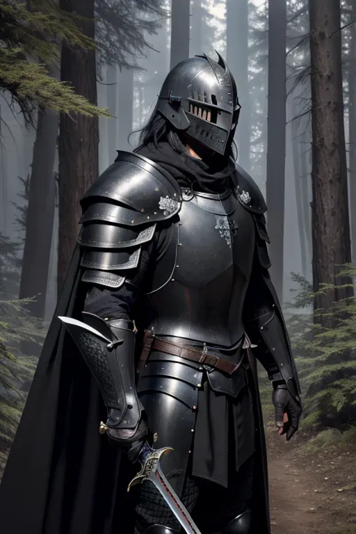 8k, masterpiece, extremely detailed male, matte black knight armor, closed matte black knight helmet, tattered brown cloak, holding sword, long black hair, forest scenery