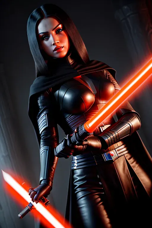 a photograph of, a female Sith warrior, full body, wearing a black cape, holding a red lightsaber, in a dark temple, with glowing orange iris five slender fingers, beautiful lips, curved eyebrows, curved eyelid, beautiful eyes, professional, ultra realistic,