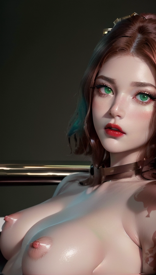 A 8k resolution photo shot of ultra detailed, ultra detailed skin, Adult heavy metal woman, masterpiece, (realistic, photo-realistic:1.37), serious face, ((green eyes)), rosy cheeks, Caucasian tanned skin, wavy auburn red hair, Hair in a bun, dark black eyebrows, heavy eyeshadow, heavy eyeliner, long eyelashes, arm tattoos, Body tattoos, medium breasts, dark red lips, pouty lips, highly detailed skin textures, highly detailed eyes, blank white background, gorgeous face, bare neck, professional photograph, dramatic lighting, (((completely naked)))