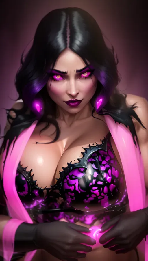 Succubus, symbiote, big hips, (nipple patch), heart, pink glowing heart, purple gloves, perfect tits, topless, no bra, black hair, natural skin tone, detailed face and eyes
