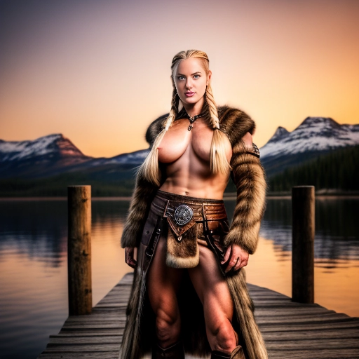 A professional photograph of a beautiful and fit viking woman standing on a dock at sunset
Woman has long platinum blonde hair in braids and bright blue eyes
Woman has large natural breasts
Woman has a fitness model physique
Woman is wearing viking heavy armor and furs
<lora:dpmg_add_detail:1>