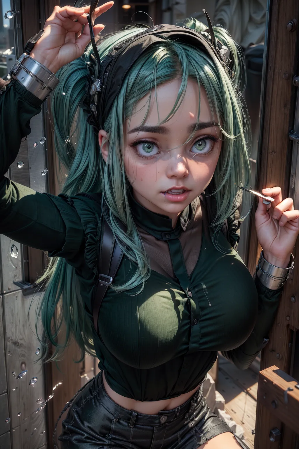 (masterpiece:1.2), best quality, scared expression, sex ,cum, (((green hair))), (((black shirt:1.5))), (((green shorty:1.5))), <lora:dpmg_scared_expression:1>, chinese bun hair, , very sunny place, (((big eyes))), blushed cheeks, (playing with her hair:1.5),
<lora:dpmg_3d_rendering:0.1>, <lora:dpmg_add_detail:0.7>,
(unmuscular:1), (huge hanging tits:1), (massive cleavage:1), (pupils are perfectely centered in eye iris:1.5), (pupils are perfectly round:1.72), (iris are perfectely placed in eyes:1.5), (each eye iris is identical in color:1.5), (light reflects in eyes:1.5), natural body posture, perfect hands, five fingers per hand, gorgeous figure, interesting shapes, life-size figures,
Ultra detailed face features, Ultra detailed skin features, Ultra detailed pouting full lips, Ultra detailed eyes features, Ultra detailed iris features,Ultra detailed crotch features, Ultra detailed breasts features, (realistic hair texture:1), (pores), Beautiful slightly asymmetrical face,
(((the picture is captured with a 85mm lens:1), (the focus of the lens is precisely set on the eyes of main subject:1.5), (iris are sharp focused))), (sharp focus), bokeh, bokeh lighting, ultra best quality, ultra high quality, ultra high resolution, ultra high realism, ultra high realistic, ultra high masterpiece 1.2, ultra cinematic effects, detailled foreground, foreground lighting, ultra cinematic lighting, (ultra perfect teeth), ultra perfect accurate portrait, super ultra accurate, ultra detailed, ultra accurate detailed, surrealism, (ultra unreal engine:1.5), intricate, ultra detailed photograph, detailed gorgeous face,
32k, HDR, highest quality, highest resolution, absurdres, smooth, (soft lines), (soft edges), (perfect edges), (soft lighting), (soft glow), (cinematic lighting), (cinematic composition), (photorealist:1.72), (photorealism:1.72), (masterpiece:1.72), --s 750 --v 5.2,