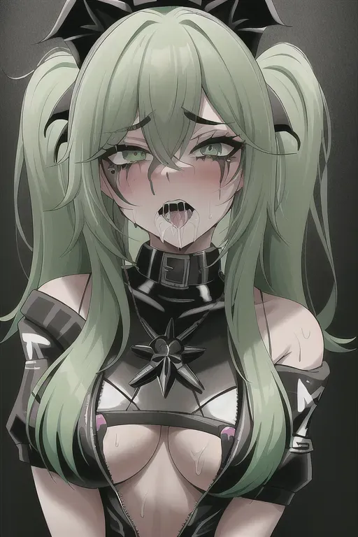Hi-resolution, Petite, semen, cum, bukkake, embarrassment, open mouth, green hair, slut, slutty, b-cup, goth, emo, detailed eyes, detailed mouth, dpmg_runny_makeup_v1