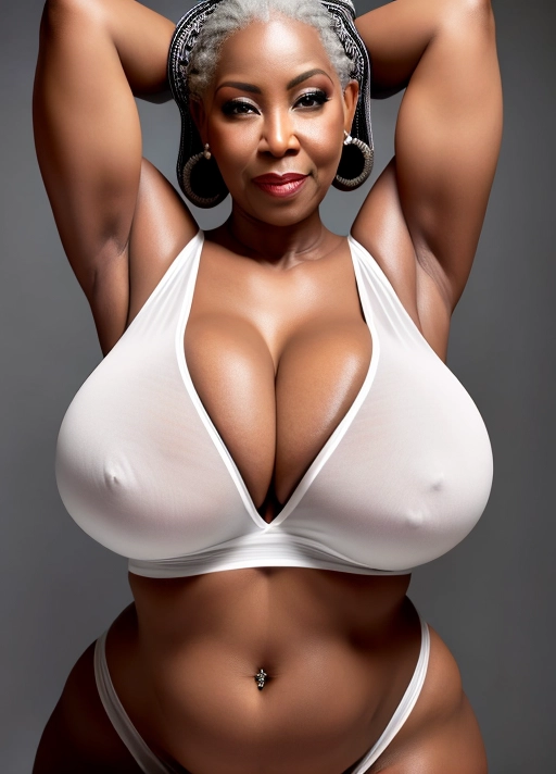 old lady, voluptuous humongous breast, ebony girl, hands behind head, white tank top, huge nipples, lingerie, curvy, gray hair, huge cleavage