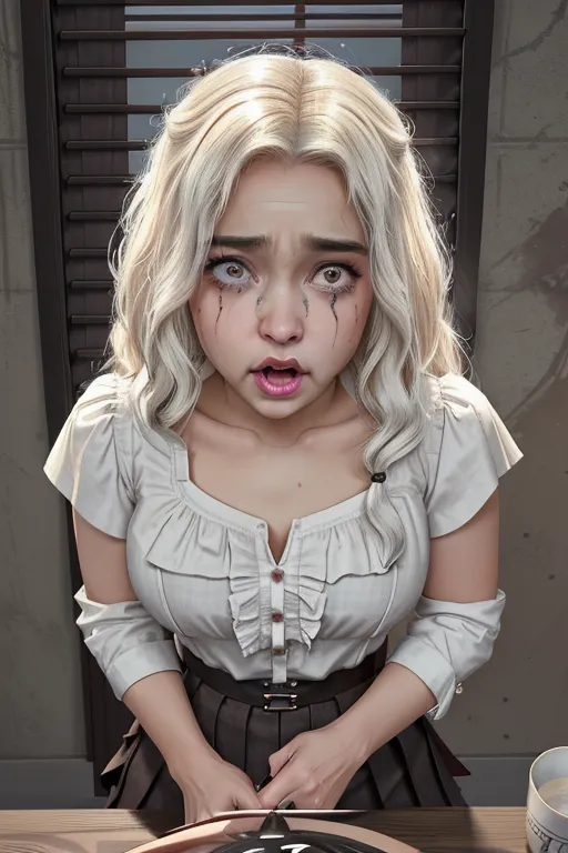 dpmg_pov_blowjob_v1, dpmg_runny_makeup_v1, <lora:dpmg_scared_expression:1>, dpmg_face_cum_v1,((1woman)), pov Emilia Clarke forced blowjob, messy hair, masterpiece, ruined makeup, running mascara, crying tears, angry, forced, gagging, perfect lighting, perfect face, eye contact, office, button down blouse, pleated skirt, blouse in tatters, skirt pulled up, hand holding hair, rough, humiliated