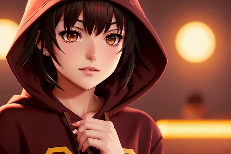 a color pencil draw of,megumin,wearing hoodie,lying,five fingers per hand,undercut hair,beautiful face,beautiful lips,brown eyes,curved eyebrows,satisfaction,wearing golden ring,cgsociety,surreal,ultra realistic,smooth,cinematic lighting