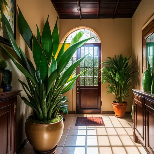 focus on potted sansevieria plants inside a comfortable home, ultra detailed, ultra real, HDR, 32K, photographic, lifelike, realistic,