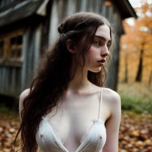 angsty and mysterious 18-year-old woman wearing a ripped 19th century dress exposing her nipples, ravished, 19th century dress, nip slip, shirt pull, posing next to an overgrown barn, erotic, sophomoric body, perfect face, small perky exposed breasts, realistic face and skin, perfect body, perfectly shaped nose, unkempt hair, anatomically correct, surreal, realistic detail, light subtle freckles, photorealistic, barefoot, highly detailed, ray tracing, realistic skin texture, 19th century, artistic photo, warm colors, realistic photo, cinematic, perfect skin, whole face in frame, autumn, ((extremely detailed)), masterpiece, photorealistic, (((best quality))), perfect contrast, rustic, ((ultrasharp)), (((extremely detailed portrait))), natural colors, natural lighting, ((sharpened picture)), ((bokeh)), vivid contrast