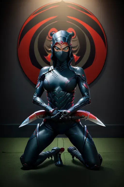 a realistic photography of, <Cobra Ninja>, 1girl, mysterious character, (((waering full black ninja suit with a red cobra logo))), (((face covered by suit))), egyptian green eyes, small tonic body, (((kneeling as salutation))) (((handling a knife))), (((at the cobra temple with cobra statue))), portrait, second floor, corner view, best of the best quality shot