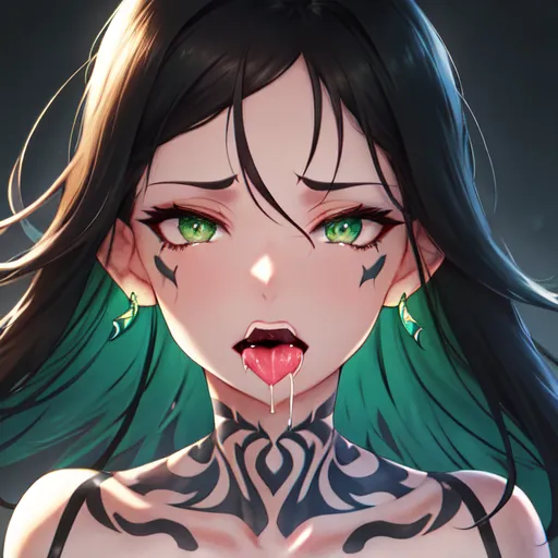 Close-up of face,
Tattoos,
Dark hair,
Green eyes,
Lingerie,
Small boobs,
Blue string thong,
Mouth open very wide,
drooling