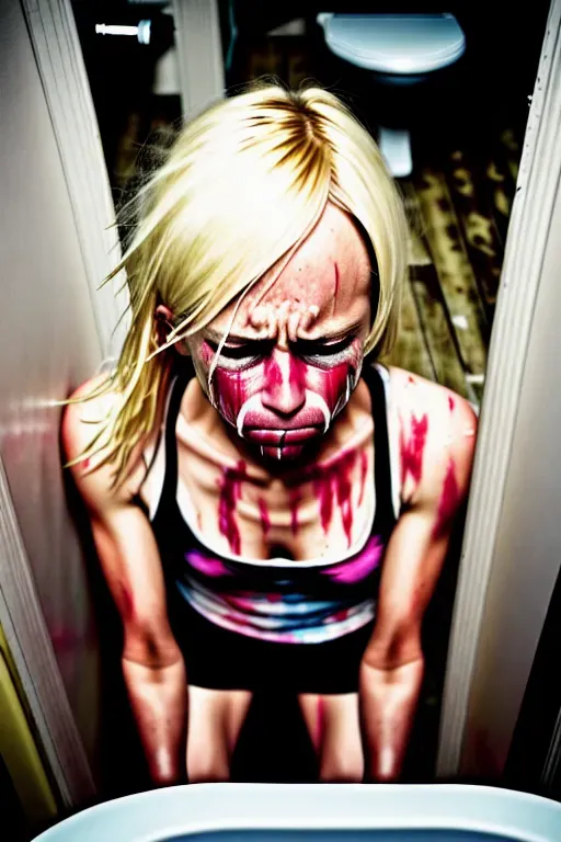 short hair, fit, blonde, (crying), drunk, club toilets, cum on face, distraught, tiny tits, pretty, 30yo, high cheekbones, broken lip, torn up clothes, dressed, bruised face, spitting cum, looking away, ashamed