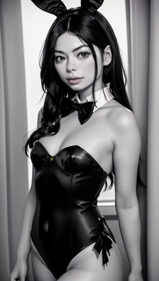 8k High resolution photoreal colored photography of Miranda Cosgrove , as a playboy bunny, small breasts,
straight hair,
Natural skin, natural hair,
High Definition skin, high definition hair,
Wearing black strapless body, wearing white rabbit tail,wearing a black bow tie, back to the camera, looking in the camera,