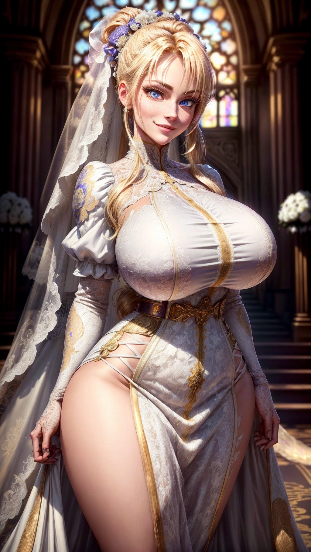 Beautiful, masterpiece, hyper detailed, high quality, (64K resolution), (HDR), (UHD), cinematic lighting, ((wedding background)), (1girl), solo, female focused, extreme face details, whole body image,
A beautiful woman wearing a long tight ((wedding dress)),((huge boobs)), ((hair in a short ponytail)), belt, hourglass body, 25 years old, strong legs, smug, smug smile, smug eyes, smug face, (((translucent shirt))), ((thin shirt)), ((Very thick thighs)), (((absolutely massive breasts))), skinny waist, (long eyelashes), ((wide hips)), golden blonde hair, ((bright pruple eyes)), ((((hyper detailed eyes)))), perfect eyes, <lora:dpmg_add_detail:1>
