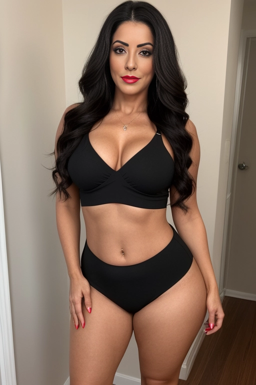 a strikingly beautiful Latina woman, with long, dark hair that cascades down her back in waves, piercing green eyes, she is older in age but with tired eyes. A body that used to be fit is now slightly flabby.
dressed in a short tight, black outfit that accentuates her curves, and you can see the curve of her ass peeking out from beneath the hem. Navel, tummy, hips, thighs. She wears red lipstick that highlights her full lips and a pair of black stiletto heels that give her an extra boost of height.