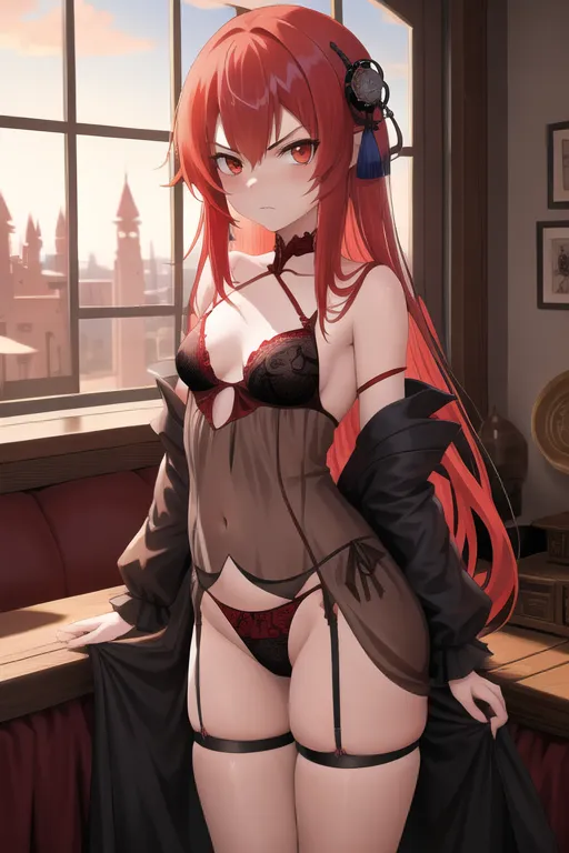 In the style of Mushoku Tensei, Jobless Reincarnation, Young, small breasts, red hair, red eyes, angry, lingerie, standing, castle, bedroom <lora:bukkake:1>