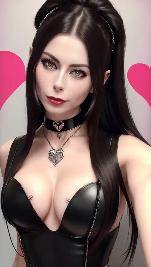 (Lena Meyer-Landrut), heart nipple patches, heart choker, heart necklace, succubus, (colored picture), black hair, perfect tits, long hair, face closeup, detailed face and eyes, selfie