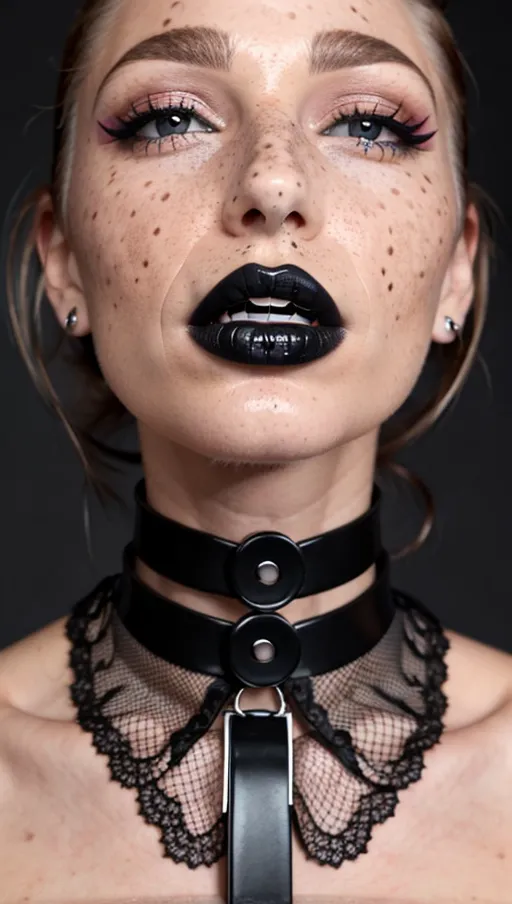 replicate inspiration face, freckles, black lipstick, collar,