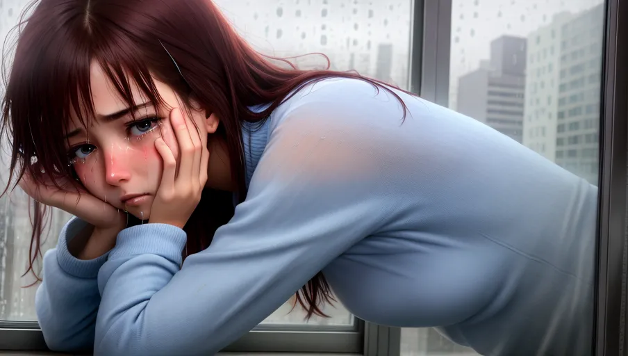 attractive woman, crying, hands over her face, tears, torso and face visible, depressed, looking out a window, rain, city outside window