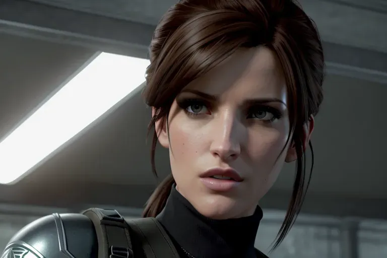 a concept art of,Bella Thorne, empty hands, confident, in resident evil, in black tactical pants, black military armor, straps, combat boots, commanding presence, five fingers per hand,hair bun,bangs,strong pose,charming face,beautiful lips, deep eyes,curved eyebrows,textured skin,cgsociety,8k,unreal engine,highly detailed,artstation, deviantart, cinematic, sharp image, centered, medium close up, 8k,studio lighting, head in frame, long neck, entire head in frame,hyper-realistic