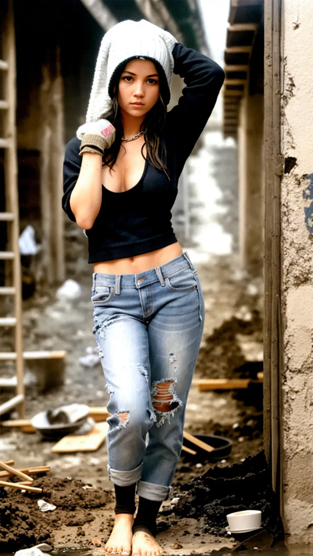 full-body image of a topless barefoot white-skinned tough street gang girl with tattooed erect nipples and toned muscles wearing low long loose baggy jeans and wearing fingerless gloves and black toeless socks and wearing chains and wearing a small snowcap on her head and wearing a muscle band while grabbing her breasts in her hands and standing barefoot in a construction site with thick sludge covering the ground and her toes buried in sludge, bare breasts, nipples, bare feet, medium breasts, long jeans, topless, toned muscles, barefoot, fingerless gloves, toeless gloves, toeless socks, grimy feet, toes spread apart, feet covered in grey sludge, feet covered in hydraulic cement, feet covered in wet mortar, stepping in sludge,