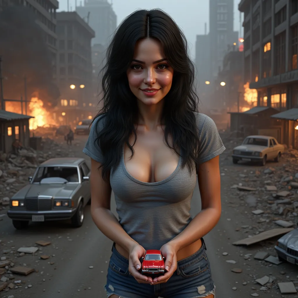 Victoria Justice as a (happy) young woman (((giant-sized 200 foot tall giantess))), wearing a tight gray t-shirt and jeans shorts, (((huge voluptuous breasts))), winner of wet t-shirt contest, slender slim body, slender hips, in a dark and demolished post apocalyptic city with smashed destroyed and burning buildings and cars, (((holding a tiny car in front of her in her hands))), really happy to see me, high quality face rendering, view from above