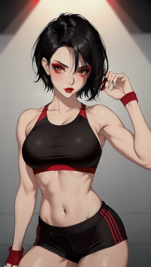 Gorgeous, simple grunge makeup, short black hair, red lips, small breasts, red sports bra, spandex, gym, hand on breasts, full body