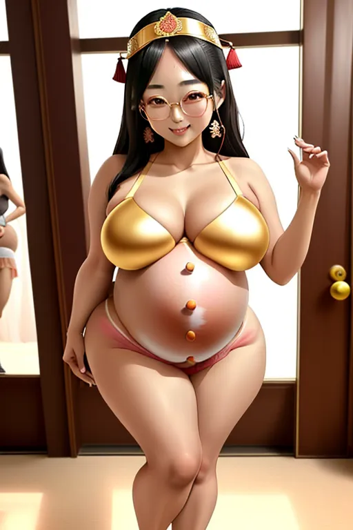 single full body image, (((really cute youthful korean belly dancing girl))), very nice butt, (((extremely feminine))), ((very tan skin)) ((((exposed pregnancy belly)))), (((((plump huge pregnancy belly))))), very busty, (((seductive pose))), sultry smile, flirty, long fingernails, golden open-toe high heels, she feels shy and embarrassed, she is blushing heavily, (<lora:red_tint_cheeks:1>), she is dancing at a royal buffet, cute round glasses, ((<lora:dpmg_round_glasses:1>))
