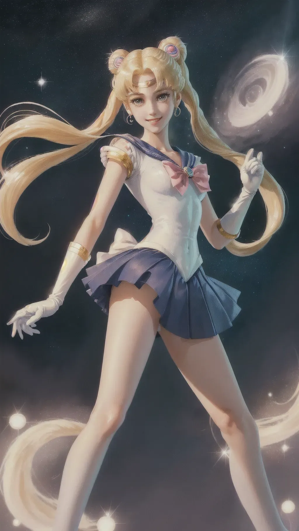 Illustration of Sailor Moon as cute and innocent girl with flowing blonde twintails and slim long legs, white gloves, detailed sparkling eyes, gorgeous smile, high res 4k detail, detailed fingers