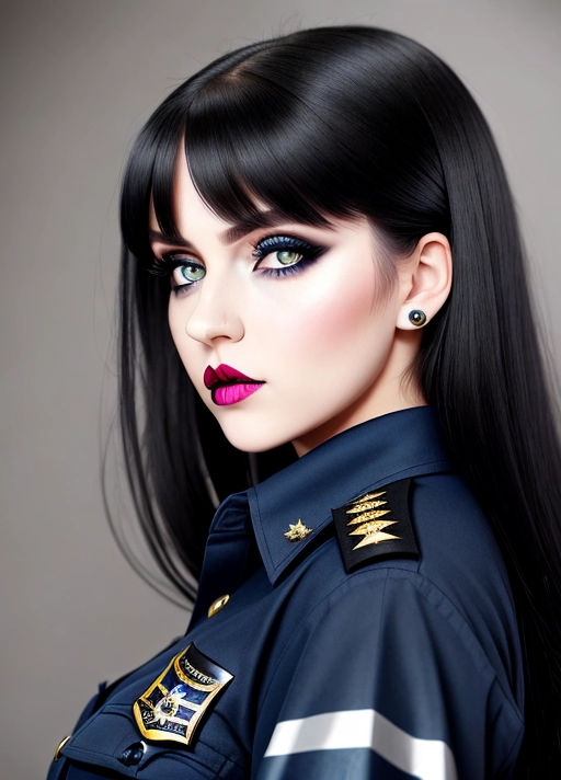 Cute girl, simple grunge makeup, pale colored eyes, black hair, big lips, realistic face, high riding huge boobs, gigantic tits, police captain uniform, blue button-down blouse, goth babe, photorealistic, best quality, ultra high resolution
