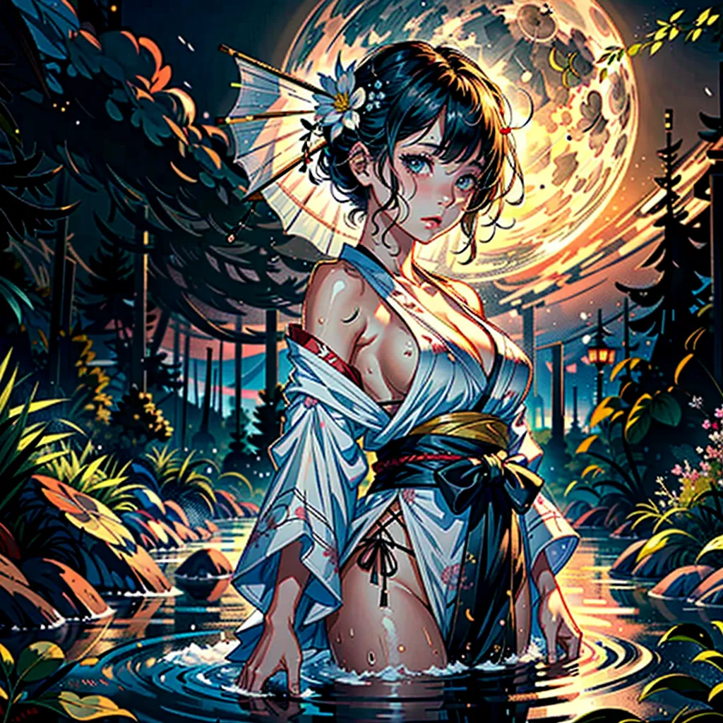 1girl, breasts, moon, lantern, night, solo, large breasts, hair ornament, wet, kimono, japanese clothes, wading, water, hair flower, flower, outdoors, sky, full moon, rain, black hair, off shoulder, mountain, cloud, holding, sash, bare shoulders, paper lantern, standing, white kimono, night sky, sideboob, obi, wet clothes, bangs, tree, from side, reflection, short hair, cloudy sky, wet hair {{(masterpiece),(extremely detailed CG unity 8k wallpaper),best quality,,solo,1girl,cinematic lighting,detailed background,beautiful detailed eyes,bright pupils, (an extremely delicate and beautiful),(Beautiful and detailed eye description), ultra-detailed,masterpiece,}},