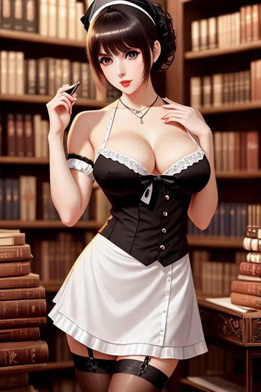a concept art of,a maid,wearing stockings,standing,at the bookstore,amazing breasts,five fingers per hand,bangs hairstyle,beautiful face,beautiful lips,curved eyebrows,curved eyelid,pale skin,peaceful,wearing necklace,cinematic lighting,sharp focus,pixiv,smooth,professional