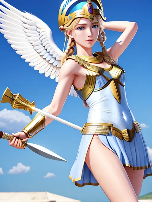 My pov,
(Greek goddess Athena with perfect face and angel wings),
(Holding spear in right hand
Using it as a weapon),
(Carrying round shield on left forearm and left hand),
(wearing Ancient Greek Corinthian battle helmet),
Wearing aegis breast plate,
Wearing tunic, wearing battle dress, Wearing Greek battle boots,
Modestly dressed,
realistic detailed blonde hair braided in Warrior style, ((perfect gorgeous facial features)),
(realistic detailed blue eyes), (realistic detailed blonde eyebrows),
Gorgeous slender strong body,
((Small realistic detailed breasts)),
Accompanied by snow owl in flight,
(5-good-hands), (five perfect slender fingers on each hand),
Body oriented towards camera, Looking directly at camera,
Looking sexy seductive beautiful confident with a smile on her face
16K hyper-realistic, ultra-
realistic, photorealistic, 3-D, fine details, 5-hands, sharp focus, pixiv, HDR, absurd resolution, cgsociety, heavily detailed
