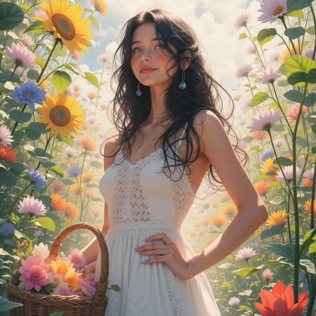 "Create an image of a stunning, 25-year-old young woman standing in a lush, sun-drenched garden on a warm summer day. The model should be dressed in a flowing white sundress with intricate lace details at the neckline and delicate floral patterns adorning the hem. Her long, dark hair should be loose and cascading down her back, with a few stray strands framing her heart-shaped face.
Her eyes are bright blue and sparkling with a radiant smile that showcases perfectly aligned teeth. She has a slender yet athletic build, standing confidently with one hand on her hip and the other holding a wicker basket overflowing with freshly picked flowers.
The background of the image should be teeming with vibrant colors and lush textures, featuring an assortment of blooming wildflowers, verdant foliage, and towering sunflowers that stretch towards the sky. The overall atmosphere should exude warmth, serenity, and carefree joy, capturing the essence of a perfect summer day.
In terms of composition, place the model at the center of the image, with her gaze directed upwards towards the vibrant flowers above. Use a shallow depth of field to emphasize the subject's beauty and blur the background slightly, creating a sense of intimacy and isolation.
The color palette should be predominantly pastel-hued, with shades of pale pink, lavender, and mint green dominating the scene. Accentuate the model's features with subtle golden highlights, giving her an ethereal glow that complements the soft colors around her."
This prompt aims to evoke a serene and idyllic atmosphere, capturing the beauty and vitality of the young woman in the midst of a stunning natural setting.