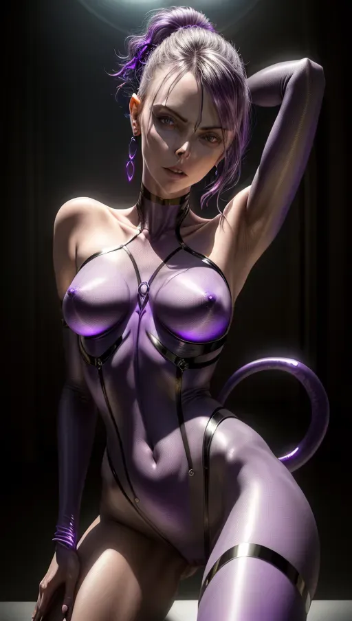 Fantasy setting, large daemon succubus, (Charlize Theron:1.1), purple skin, large breasts with very erect nipples, long tail, toned body with abs, slender arms and legs, nude with metal harness, detailed pussy and purple pubic hair, sexy eyes, erotic pose, touching herself,
<lora:dpmg_add_detail:1.2>, vivid colors, cinematic composition, artificial light, UHD, HDR, highest quality, highest resolution, (photorealist), (photorealism), (masterpiece:1.2)