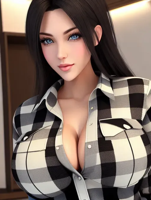Pretty young European woman, light colored eyes, big bimbo lips, black hair, huge enormous perky big boobs, tight plaid flannel shirt, photorealistic, best quality, ultra high resolution