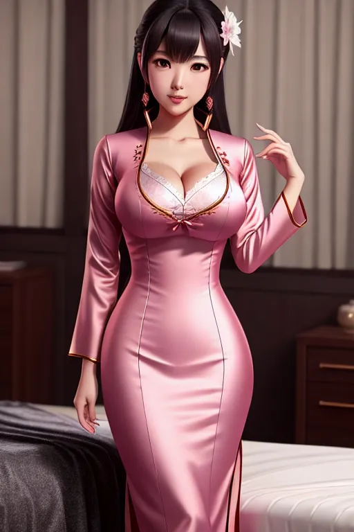 a concept art of,yua mikami,wearing ao dai,standing,on the bed,big breasts,five slender fingers,short thick hair,charming face,beautiful lips,curved eyebrows,joyful,tattoo,artstation,studio lighting,smooth,cgsociety,sharp focus