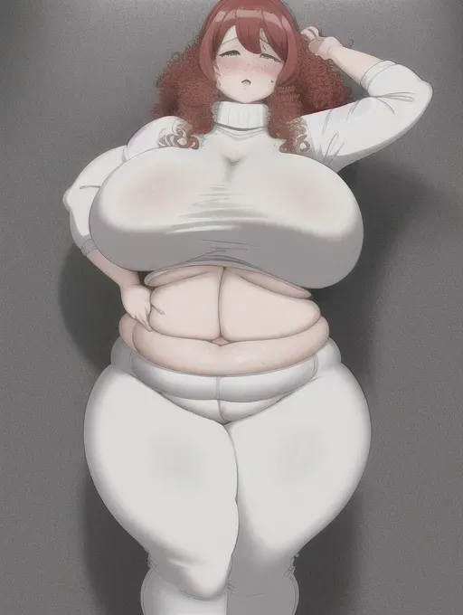 heaving saggy tits, belly hanging over waistband, mommy, milf, covered in freckles, fat belly, an SSBBW woman, extremely obese, redhead, covered in freckles, curly hair, plump lips, puffy lips, belly sagging over waistband, belly reaching knees, belly rolls, love handles, hyper hips, unrealistic proportions, hyper proportions, obese, morbidly obese, very fat, white turtleneck sweater, grey yoga pants, huge belly, huge butt, huge breasts, massive butt, massive breasts, flabby saggy fatrolls, huge and wide body, impossibly obese, heaving belly rolls, belly sagging towards knees, saggy belly